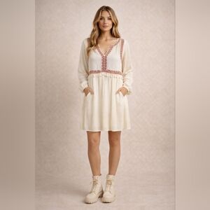 Cream Boho Dress with Red Embroidery Sz L